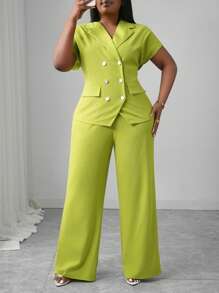 Slaydiva 新款春夏度假百搭休闲套装，适合生日聚会、约会、日常穿着 - 包括翻领双排扣衬衫和修身长裤，黄绿色，大码两件套 - 黃色 - 查看 6