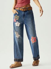 Bohemela BOHO Denim  Casual Solid Color Denim Flower Embroidery Women's Ankle Length Pants Jeans For Women Women Jeans Women Plus Clothing Pants Baggy Jeans Women Women Baggy Jeans