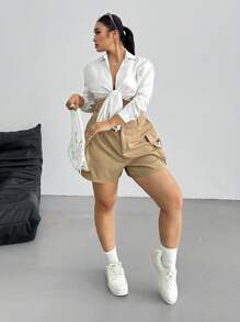 POPSWAY Plus Size Women's Summer Cargo Shorts With Large Pockets, Khaki, Suitable For Outdoor, Commute, Street Wear - Khaki - View 6