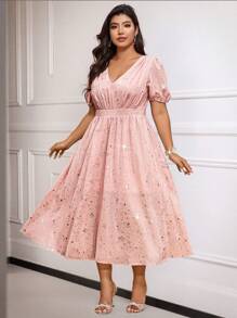 SHEIN Belle 大码 V 领金属光泽宽松优雅派对连衣裙 - 粉色 - 查看 5