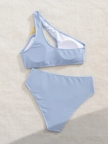 Swim SXY Conjunto de bikini de un solo color con abertura asimétrica, para el verano - Celeste - Ver 2