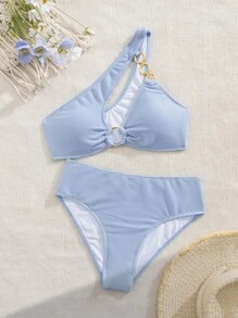 Swim SXY Conjunto de bikini de un solo color con abertura asimétrica, para el verano - Celeste - Ver 3