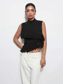 Maija Women Fashionable Solid Color Sleeveless Knit Top With Tassel Decor,Fall Women Clothes,European Summer - Black - View 4