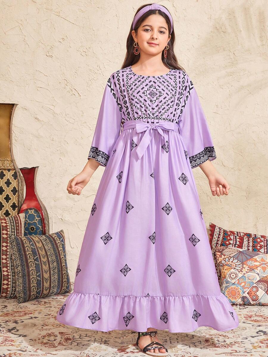 Tween Girl Casual Printed Long Dress - Mauve Purple - View 1