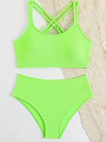 SHEIN Teen Girl Plain Color Bikini Set, Minimalist Design, Suitable For Summer - Green - View 5
