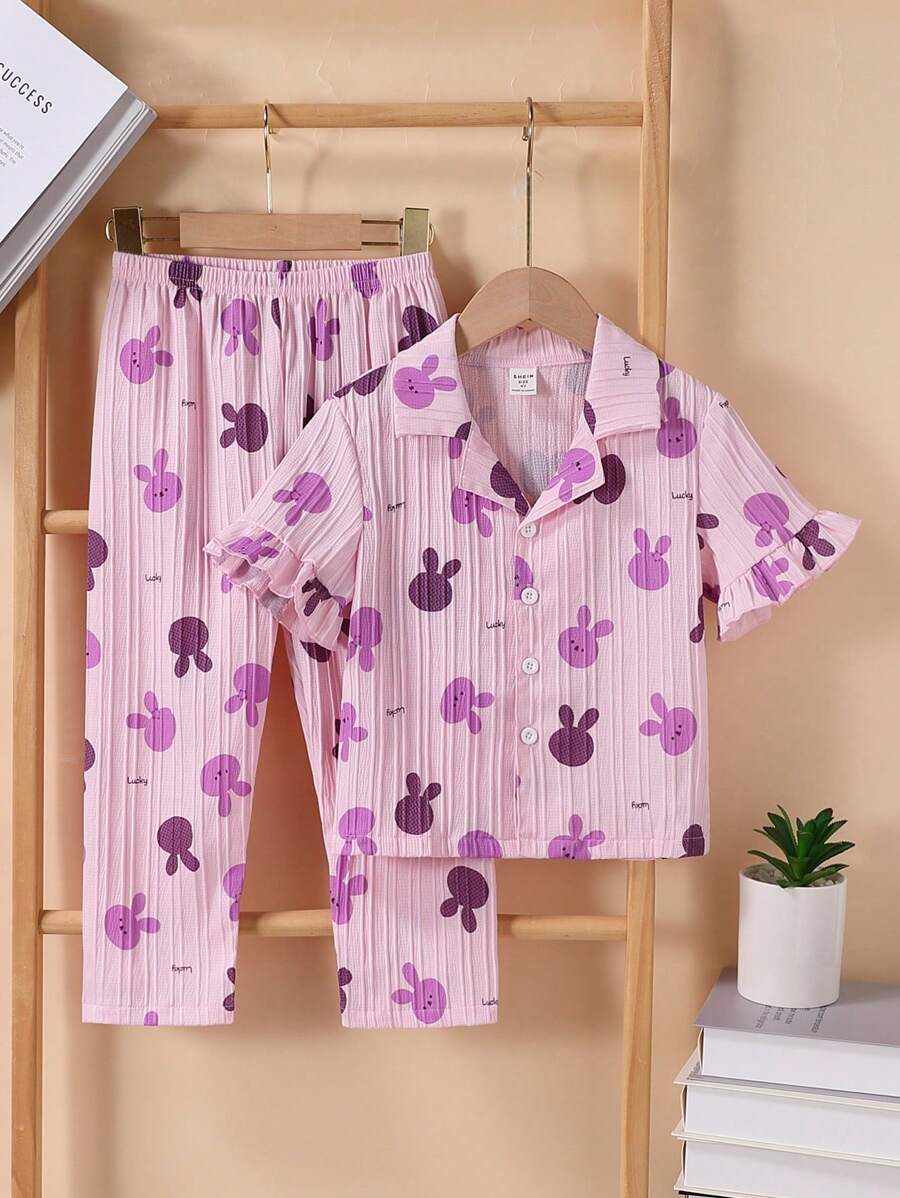 2 件装少女可爱兔子荷叶边印花短袖上衣和裤子家居服套装，紫色