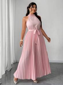 SHEIN Unity Plus Size Women Elegant Romantic Halter Neck Tie Waist Ruffle Jumpsuit - Dusty Pink - View 2