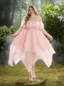 Flirla 女装新款夏季露肩短款泡泡袖修身腰不对称下摆连衣裙，简约休闲优雅高端杏色度假连衣裙 - 粉色 - 查看 1