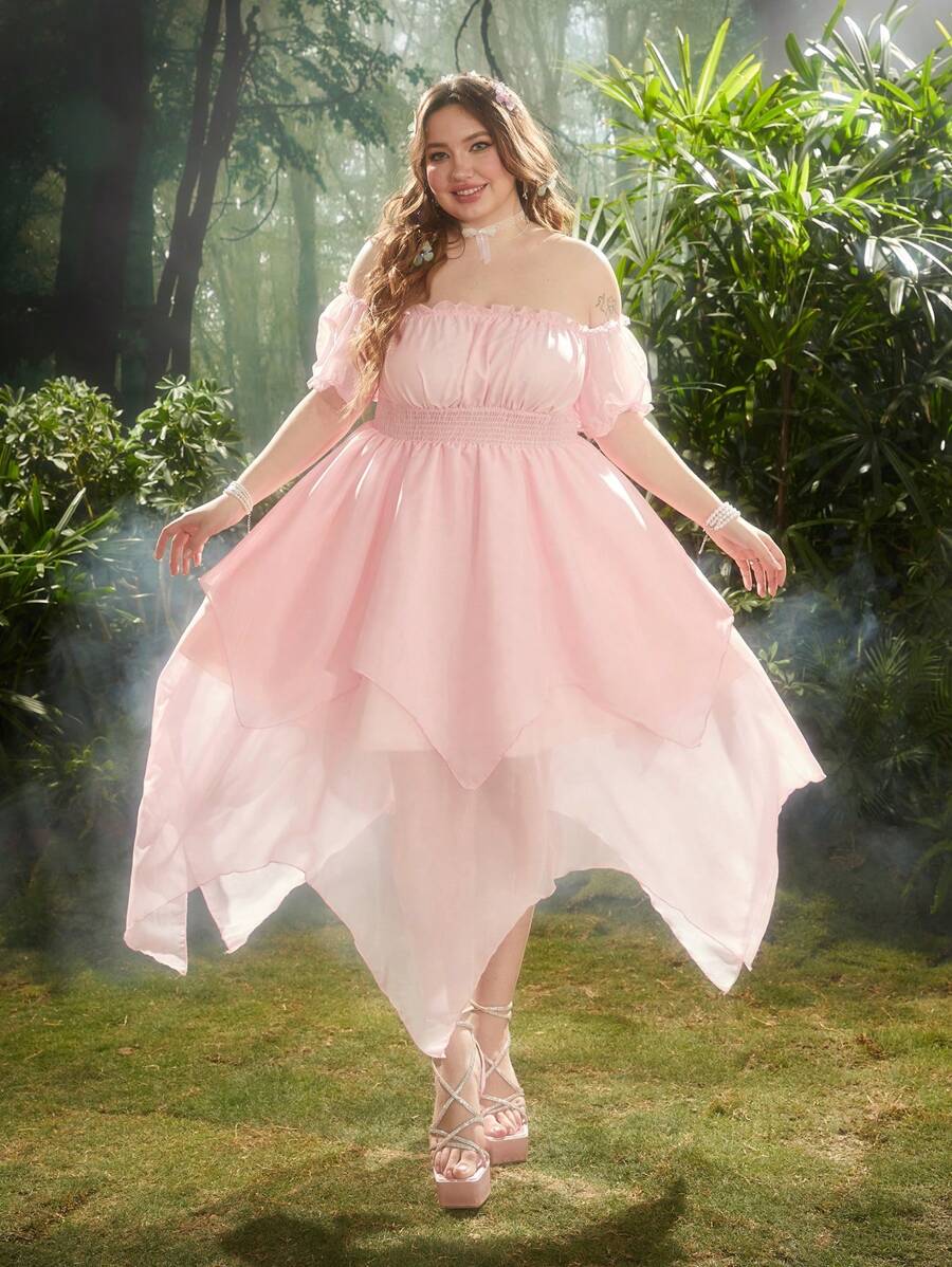 Flirla 女装新款夏季露肩短款泡泡袖修身腰不对称下摆连衣裙，简约休闲优雅高端杏色度假连衣裙 - 粉色 - 查看 1