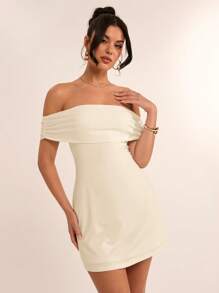 SHEIN BAE 夏季海滩度假纯白色露肩后蝴蝶结迷你连衣裙，适合日常约会、夜间外出、夜总会、派对、聚会、鸡尾酒会、泳池派对、返校季节服装、学校季节连衣裙、节日连衣裙女士连衣裙 - 杏色 - 查看 6