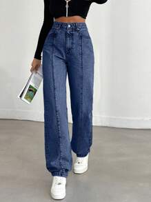 SHEIN Cottnline 100%Cotton Solid Color Straight Leg Jeans - Medium Wash - View 4