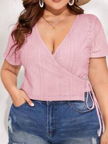 SHEIN VCAY Plus Size Women's Solid Color Embroidery & Twist Detail Short Sleeve T-Shirt - Baby Pink - View 5