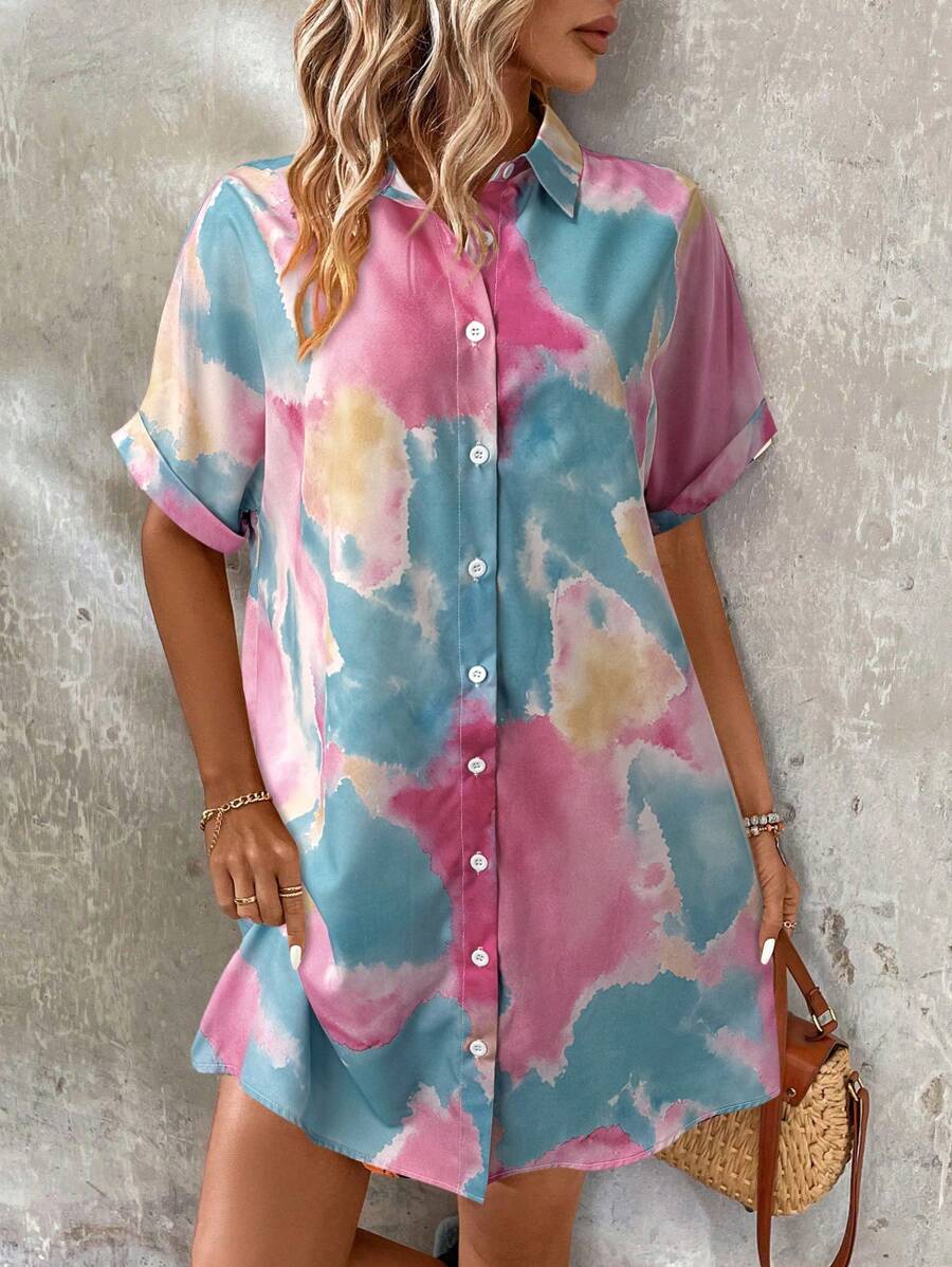 SHEIN LUNE 度假扎染休闲宽松衬衫裙 - 彩色 - 查看 1