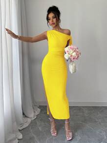 Rafferiza Vestito lungo elegante da donna Rafferiza, da indossare per matrimoni, feste, compleanni, vacanze, San Valentino, in tessuto lavorato a maglia ad alta elasticità, modello slim fit, sexy e carino, con spalla obliqua, plissettatura e spacco, colore giallo brillante