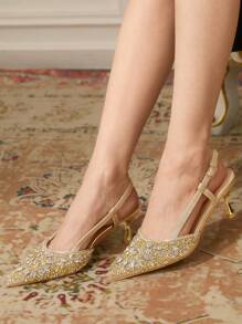 CUCCOO TILAWA Women's Pointed Toe High Heel Rhinestone Wedding Shoes, Gold Closed Toe Party Formal Heels - Gold - View 3