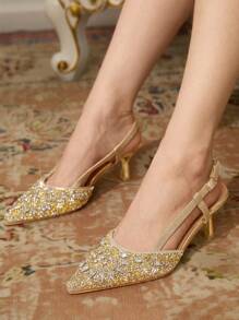 CUCCOO TILAWA Women's Pointed Toe High Heel Rhinestone Wedding Shoes, Gold Closed Toe Party Formal Heels - Gold - View 13