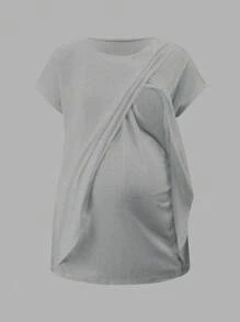 SHEIN Maternity Casual Solid Color Wrap Short Sleeve Nursing T-Shirt, Summer - Grey - View 3