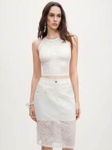 SHEIN LUNE 2 件套：蕾丝边吊带背心和蕾丝拼布直筒裙 - 白色 - 查看 6