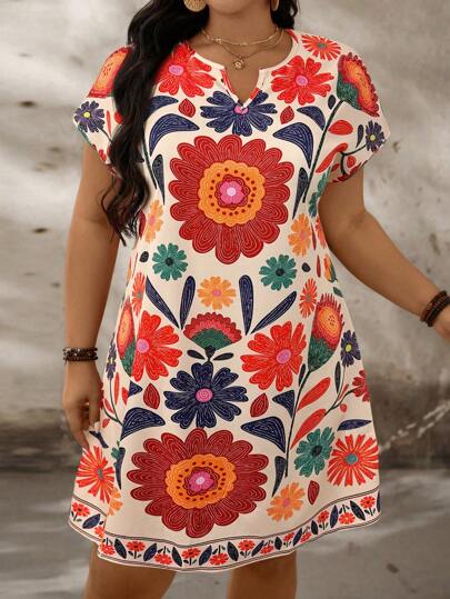 SHEIN LUNE Plus Size Round Neck Bat Sleeves Full Body Floral Print Casual Dress Women Summer Clothing Holiday Clothing Daily Wear Bohemian/Bohemian, Holiday, Resort Style Summer Beach Wedding Guest Women Casual Summer Outing Dress Mother's Day Simple Fashion Mini Drees