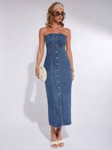 COSMINA 女士优雅牛仔抹胸连衣裙，春夏 - 藍色 - 查看 3