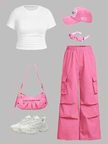 SHEIN EZwear 大码夏季休闲纯色褶皱侧短袖上衣和工装裤 2 件套 - 玫紅色 - 查看 1