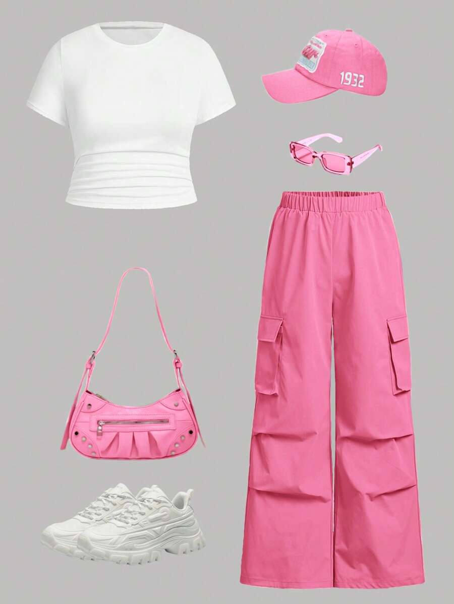 SHEIN EZwear 大码夏季休闲纯色褶皱侧短袖上衣和工装裤 2 件套 - 玫紅色 - 查看 1