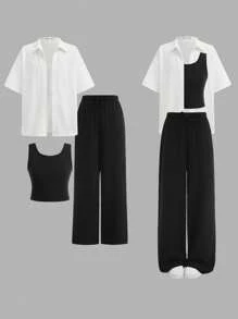Conjunto de 3 piezas para niñas preadolescentes: Camisa de manga corta holgada, top sin mangas y pantalones acampanados, atuendo casual