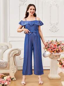 Casual Ruffled Strap Wide Leg Jumpsuit With Cropped Pants, For Teenage Girls Office Commute - Blue - View 3