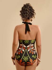 Travachic Plus Size Casual Summer Tropical Beach Black Geometric Floral Print V-Neck Halter One-Piece Swimsuit For Women