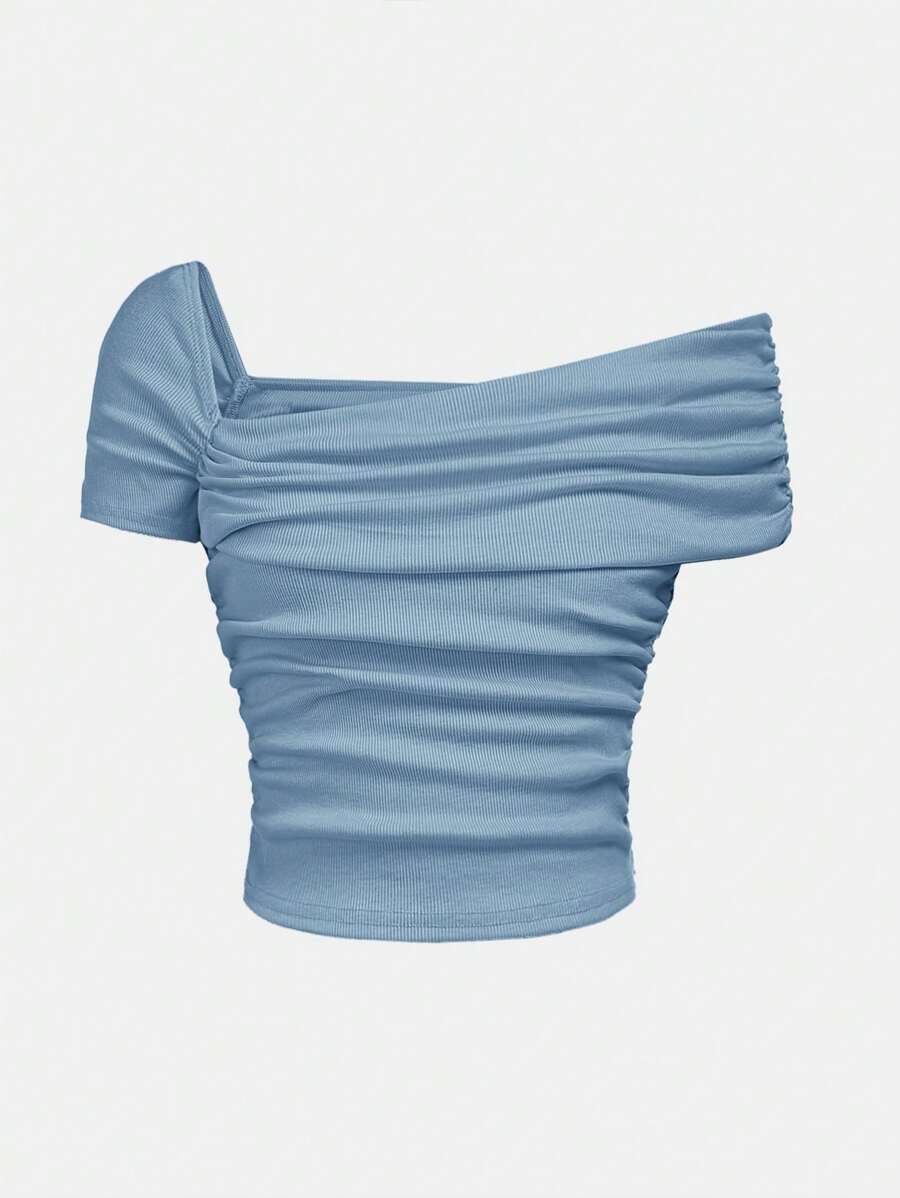 SHEIN Girlism Ribbed Knit One Shoulder Ruched Fitted Casual Solid T-Shirt For Teen Girl - Dusty Blue - View 1