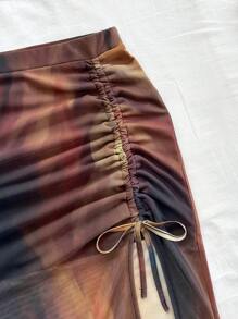 Soleia New Vacation Knitted Sunset Print Twist Slit Metal Decor Design Vest And Mini Skirt 2 Pieces Set