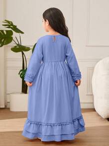 Young Girl A-Line Ruffle Trim & Headscarf Long Dress - Blue - View 2