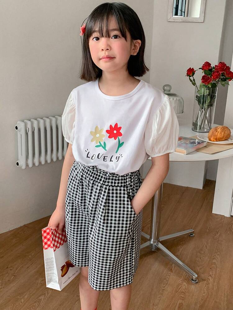 Tween Girl Floral Print Knit Top & Woven Plaid Shorts Fashion Set, Summer, Back To School Clothes