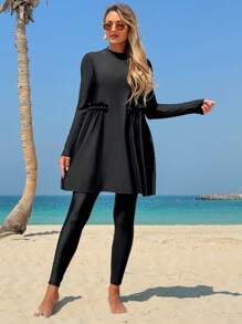 Swim Mulvari New Women's Beach Summer Two Pieces Swimwear. Black. Crew Neck Long Sleeve, Ruffle Waist Design, Modest Cover-Up Pants, Conservative Resort Burkini Set - Black - View 3