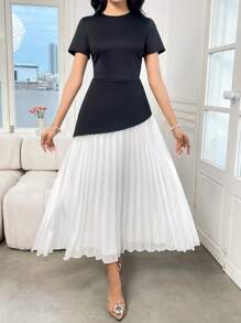 Modelyn Elegant Women's Black And White Contrast Color Long Dress With Short Sleeves, Round Neck, And Asymmetrical Pleated Hem - Black and White - View 6