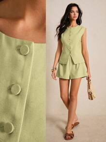 Poéselle 女士衬衫 亚麻衬衫 上衣 纽扣门襟 女士无袖纯色背心和短裤 休闲运动，简约时尚 波西米亚风 夏季女士上衣 商务休闲 女士西装 女士夏季女士上衣 夏季女士衬衫 办公室女士 夏季衬衫 纽扣女士波西米亚风 - 綠色 - 查看 8