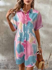 SHEIN LUNE 度假扎染休闲宽松衬衫裙 - 彩色 - 查看 2