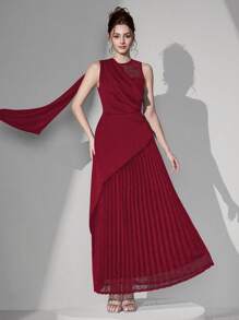 Poshira 女士优雅混合材质蕾丝拼接腰部正式晚礼服、派对礼服，适合婚礼宾客 - 酒紅色 - 查看 1