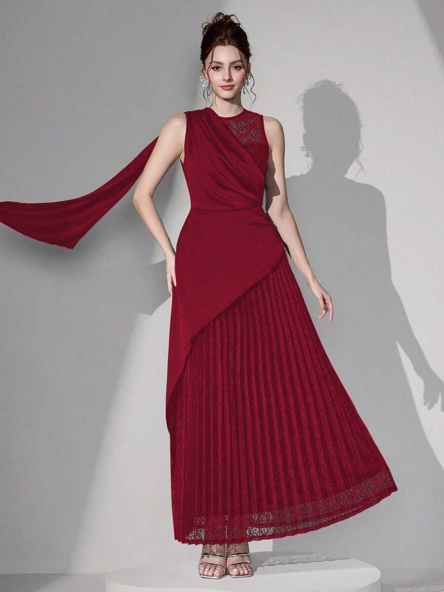 Poshira 女士优雅混合材质蕾丝拼接腰部正式晚礼服、派对礼服，适合婚礼宾客 - 酒紅色 - 查看 1