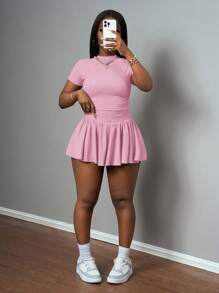 Slaydiva 春夏新款休闲基础款运动风简约圆领短袖两面褶短T恤+摆伞裙两边短款前后中长款浅灰色罗纹针织面料女两件套夏季套装 - 粉色 - 查看 4