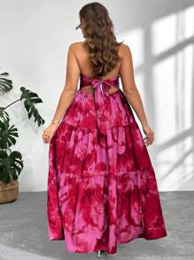 Firerie Plus Size Women Tie-Dye Print Ruffle Hem Halter Neck Dress, Vacation Style Spring To Summer - Hot Pink - View 7