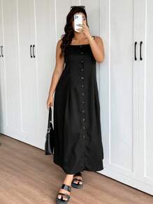 SHEIN Frenchy Vestido maxi negro sin mangas con diseño de botones para mujer de talla grande, estilo elegante y casual, nueva moda de primavera/verano