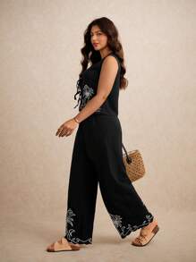 Elaquor 2 件套大码花卉刺绣背心和裤子休闲度假套装 - 黑色 - 查看 4