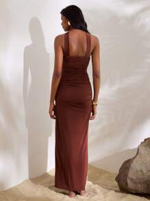 Opulessa 1 件女式纯色针织镂空修身鱼尾连衣裙 - 棕色 - 查看 5