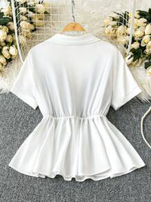 Celure 大码女式热销优雅 A 字短袖腰部收紧复古提花不对称拼色 V 领荷叶边上衣 - 彩色 - 查看 2