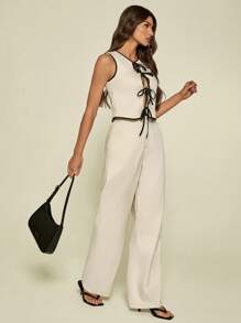 SHEIN Tall Spring And Summer Women's Lace-Up Suit, Contrasting Color Bow, Women's Top & Solid Color Casual Loose Trousers, Women's Two Pieces Set, Daily Casual, Workplace Commuting Wear Ladies' Solid Color Top And Pants Set, Perfect For Vacation/Leisure Time - Apricot - View 7