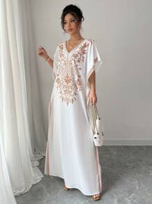 Calvaya Abito casual ed elegante da donna con scollo a V, maniche a pipistrello, orlo ampio, spacco, stampa floreale, senza elasticità, bianco, adatto per primavera ed estate