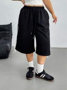 POPSWAY Plus Size Women's Spring/Summer Black Casual Sports Street Style Knit White Lace-Up Bermuda Shorts
