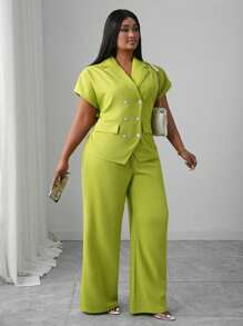 Slaydiva 新款春夏度假百搭休闲套装，适合生日聚会、约会、日常穿着 - 包括翻领双排扣衬衫和修身长裤，黄绿色，大码两件套 - 黃色 - 查看 7