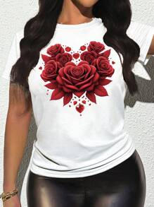INAWLY Women's Slim Fit Tee With Red Rose Floral Print, Summer